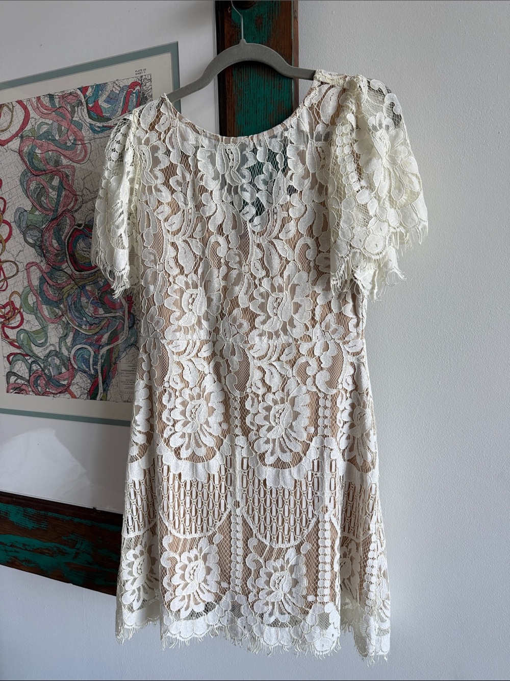 Lulus Pearson White Cream Lace Mini Dress Short Sleeve Nude Lining Wedding - Picture 11 of 16